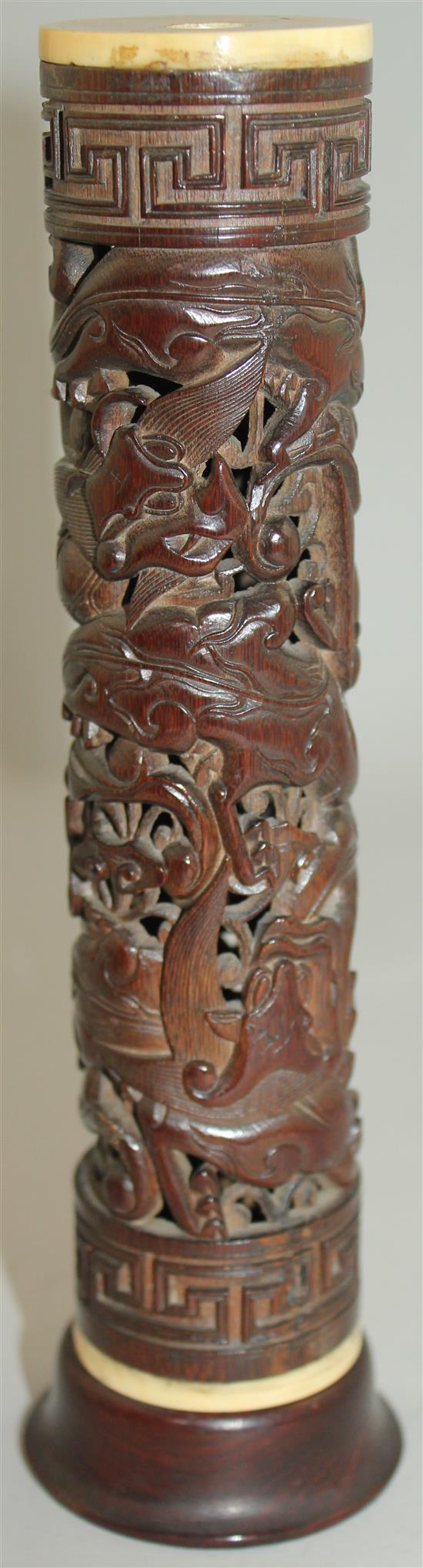 A Chinese bamboo and ivory mounted perfume holder, 19th century, 19.2cm, separate wood stand